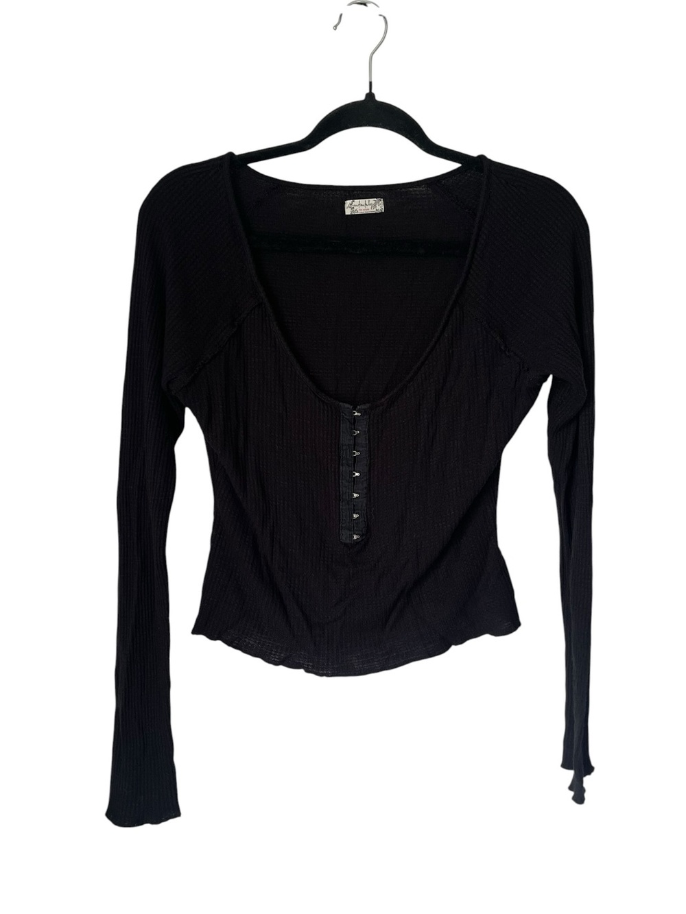 Free People Black Ribbed Scoop Neck Henley